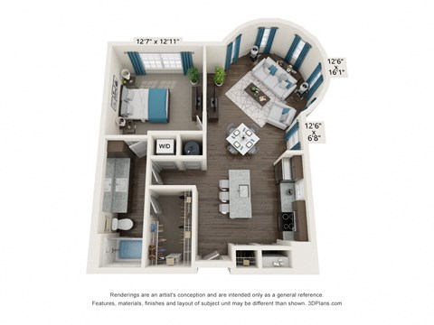 Floor plan for 1 bed, 1 bath, 858 sqft